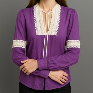 Tory Burch Purple Cotton Lace Trim Tie Neck Career Long Sleeve Blouse Size 4